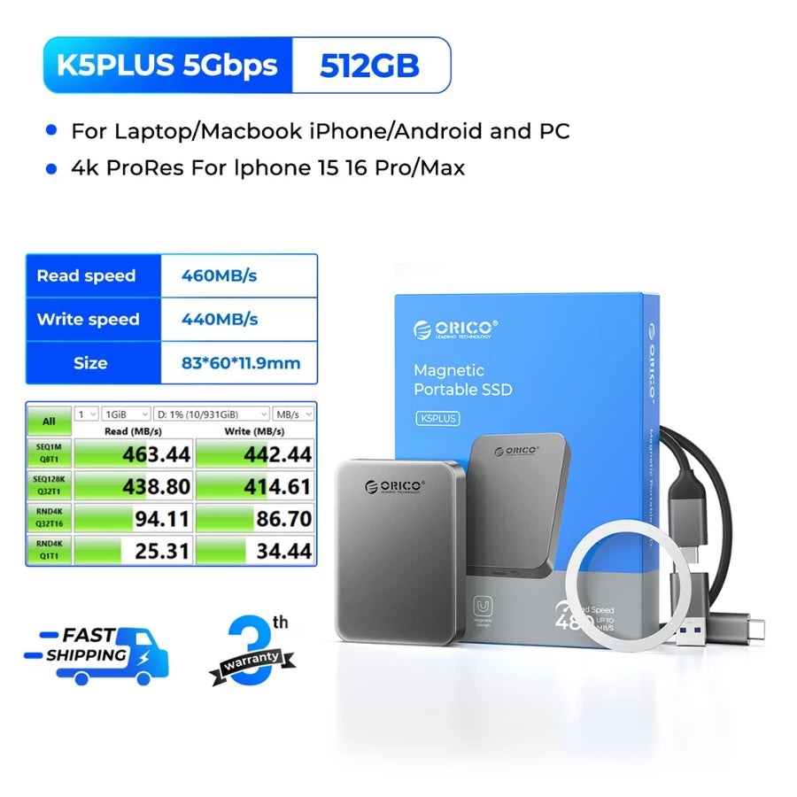 ORICO Magnetic External SSD 512GB 1TB 2TB 4K ProRes Video Storage Portable SSD for Phone, Computer, Tablet, Laptop